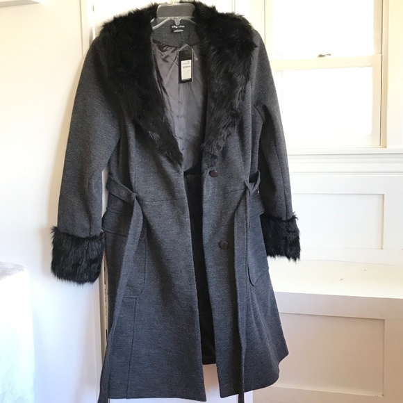 CITY CHIC Penny Lane Make Me Blush Coat Faux Fur Trim Black Gray Plus Size 14 - Picture 9 of 16
